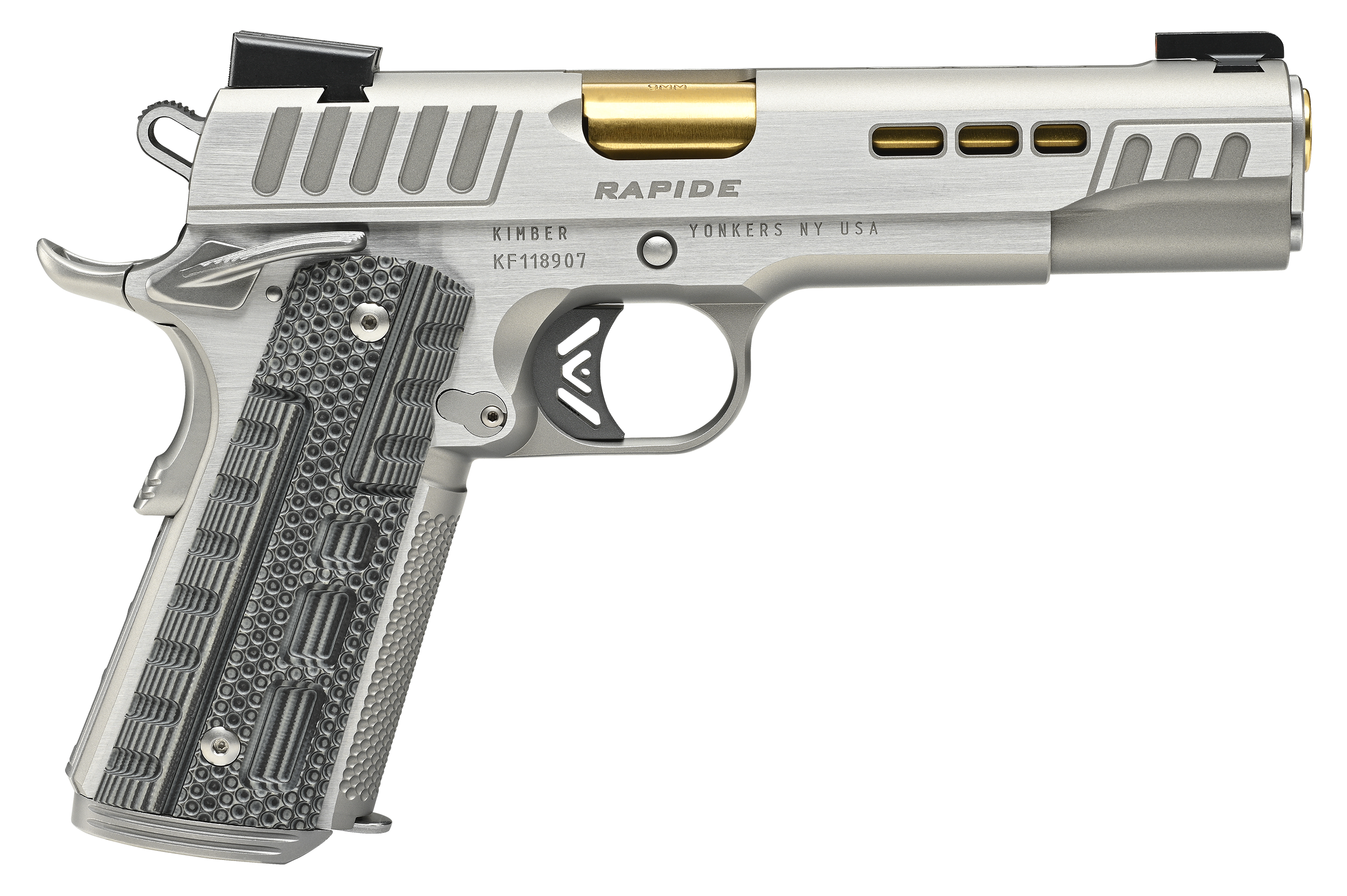 Kimber 3000423 Rapide (Dawn) Pistol - 45 ACP, 5", Gray/black Rapide G10 Grips, Silver KimPro II Finish, 8 Rds