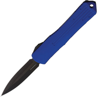 Heretic Knives Manticore S OTF AUTO - 2.55" CPM-MagnaCut Black DLC Double Edge Dagger Blade, Blue Aluminum Handle with Blue CamoCarbon Top - H024-6A-BLU/CF