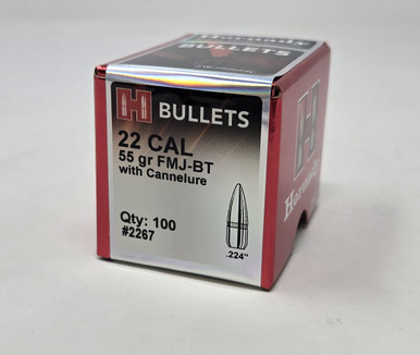 Hornady 22 Cal (.224 Dia) Reloading Bullets H2267 55 Grain Full Metal Jacket Boat Tail With Cannelure 100 Pieces