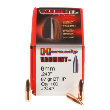 Hornady 6mm (.243 Dia) Reloading Bullets Varmint H2442 87 Grain Boat Tail Hollow Point 100 Pieces