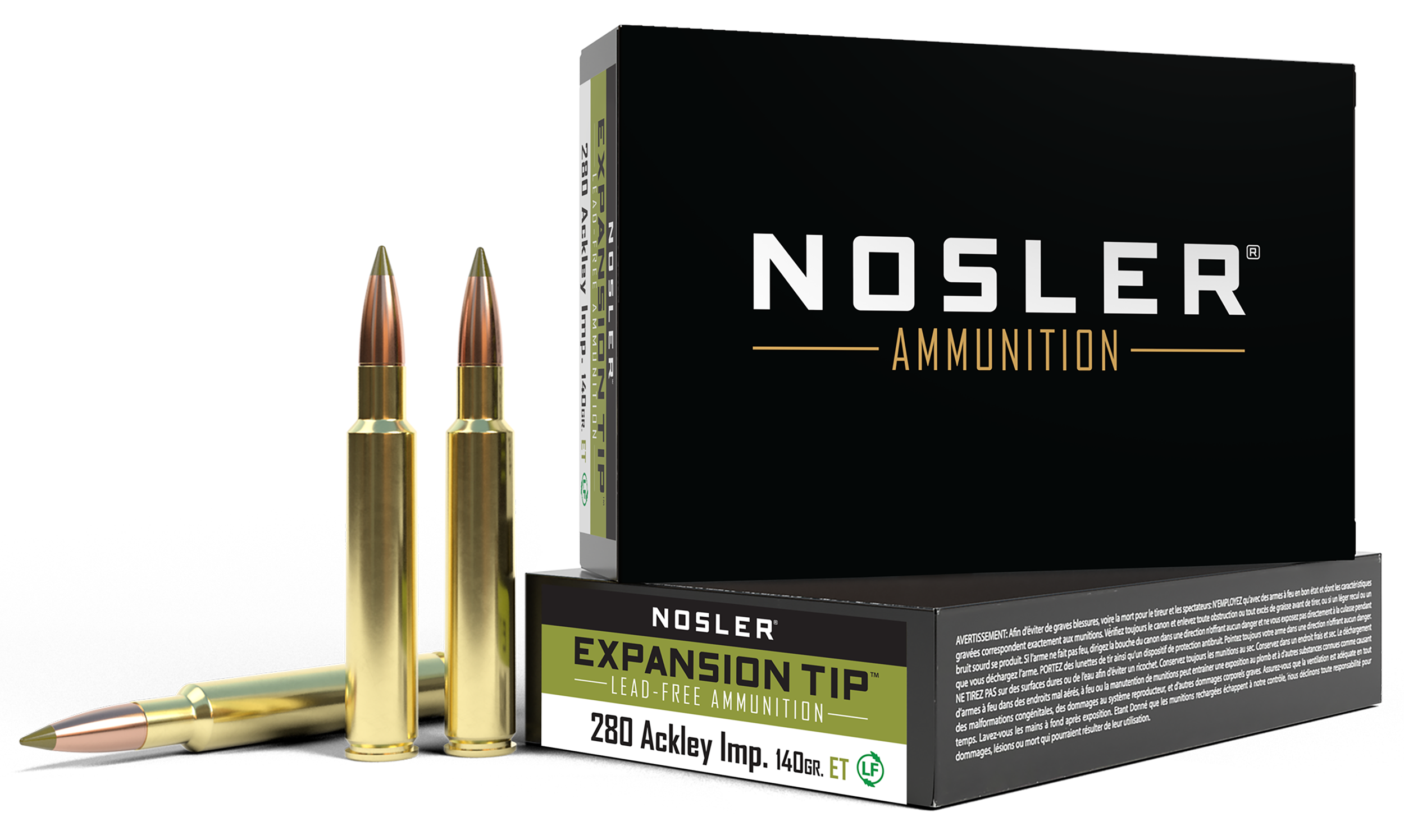 Nosler E-Tip Rifle Ammunition 40067, 280 Ackley Improved, E-Tip Lead-Free, 140 gr, 3050 fps, 20 Rd/Bx