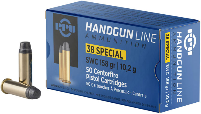 Prvi Partizan Pistol Ammunition PPH38SS, 38 Special, Semi Wadcutter, 158 Gr, 902 fps, 50 Rds/Bx