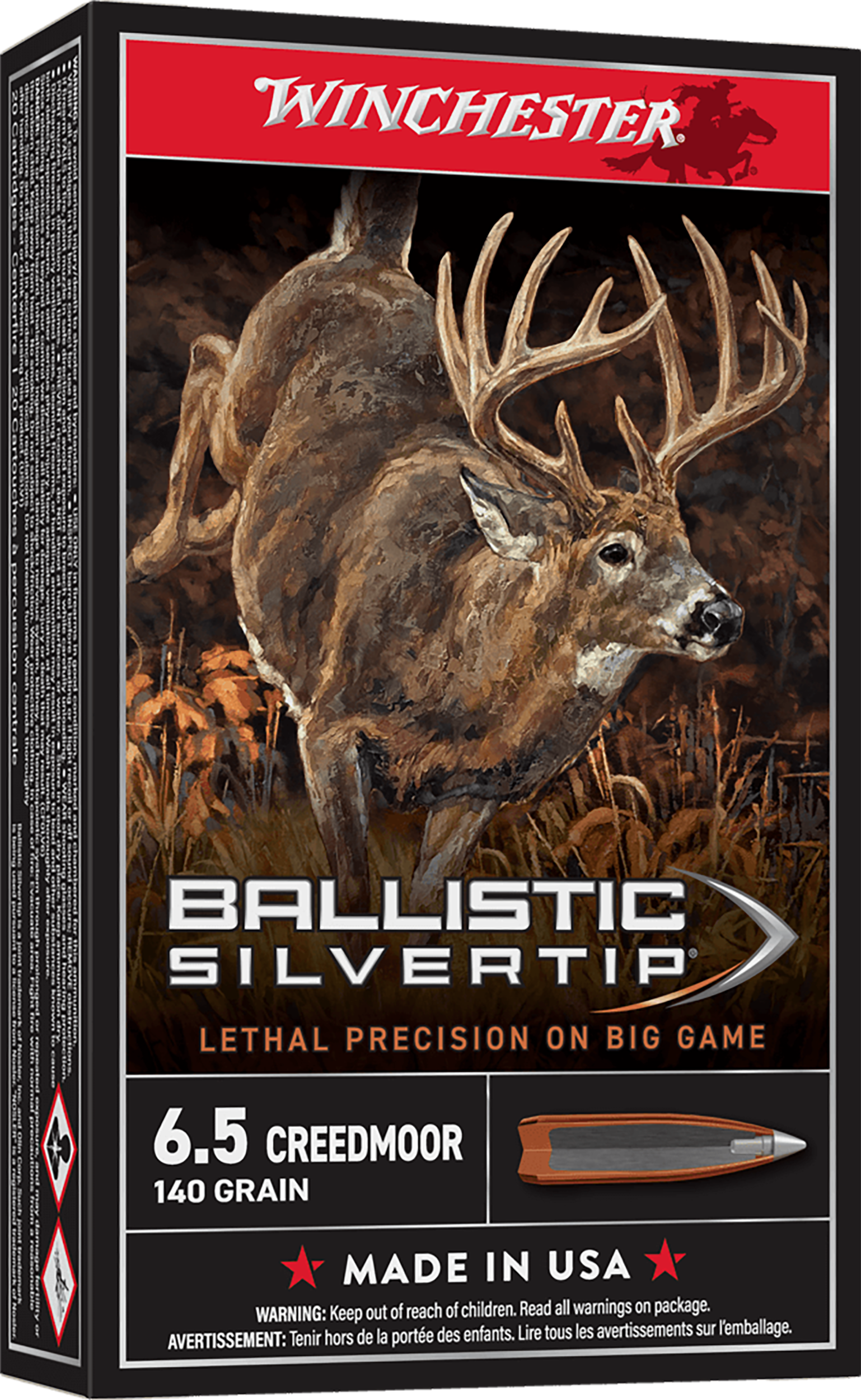 Winchester Ballistic Silvertip Rifle Ammunition SBST65CM, 6.5 Creedmoor, Ballistic Silver Tip, 140 GR, 2700 fps, 20 Rd/bx