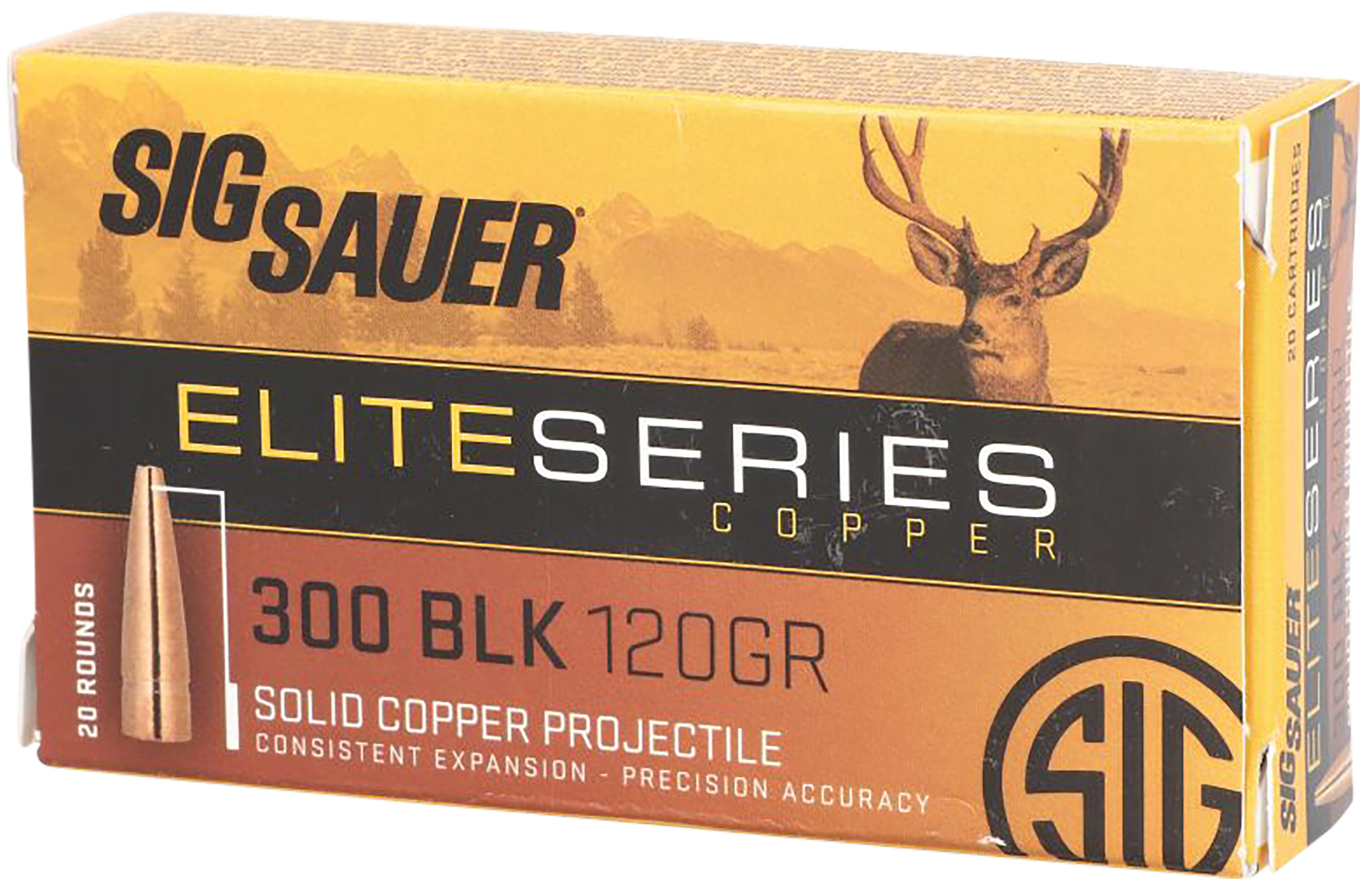Sig Sauer Elite Copper Hunting Rifle Ammunition E3006H120, 30-06 Springfield, Copper Hollow Point, 150 gr, 2920 fps, 20 Rd/Bx