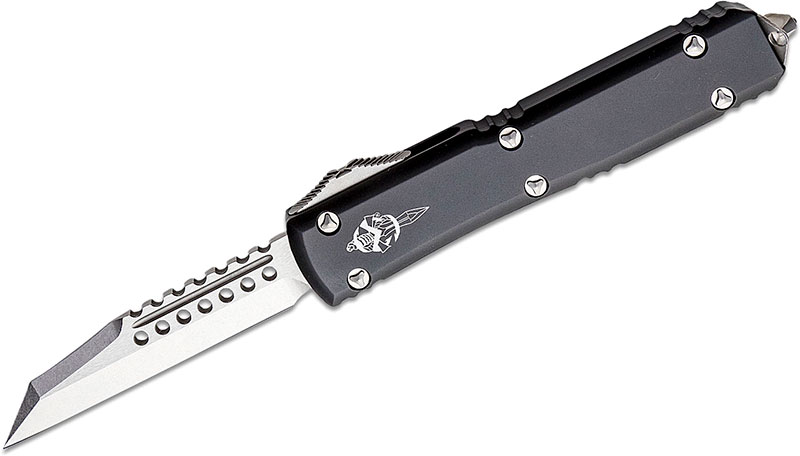 Microtech Signature Ultratech Warhound Auto OTF Knife, Stonewashed Wharncliffe Blade, Black Grip (119W-10S)