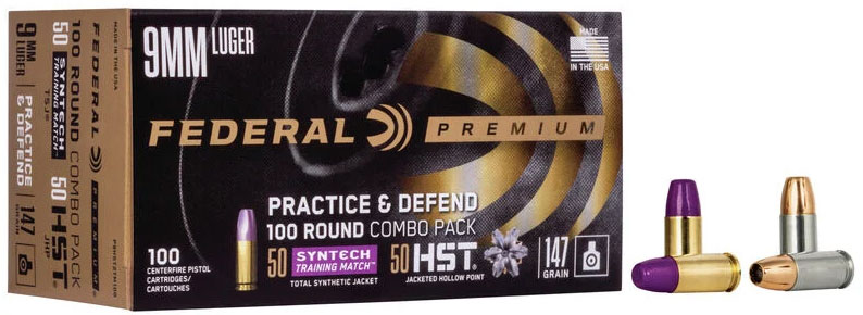 Federal Premium Practice & Defend Combo Pistol Ammunition P9HST2TM100, 9mm, Syntech Training/HST, 147 GR, 1000 fps, 100 Rd/Bx