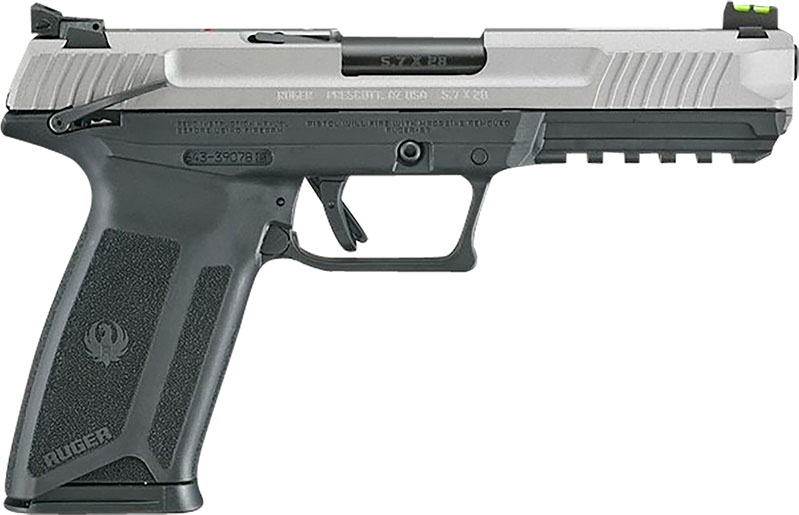 Ruger Ruger-57 Pistol 16408, 5.7x28mm, 4.94", Black Polymer Grips, Savage Silver Cerakote Steel Finish, 20 Rds