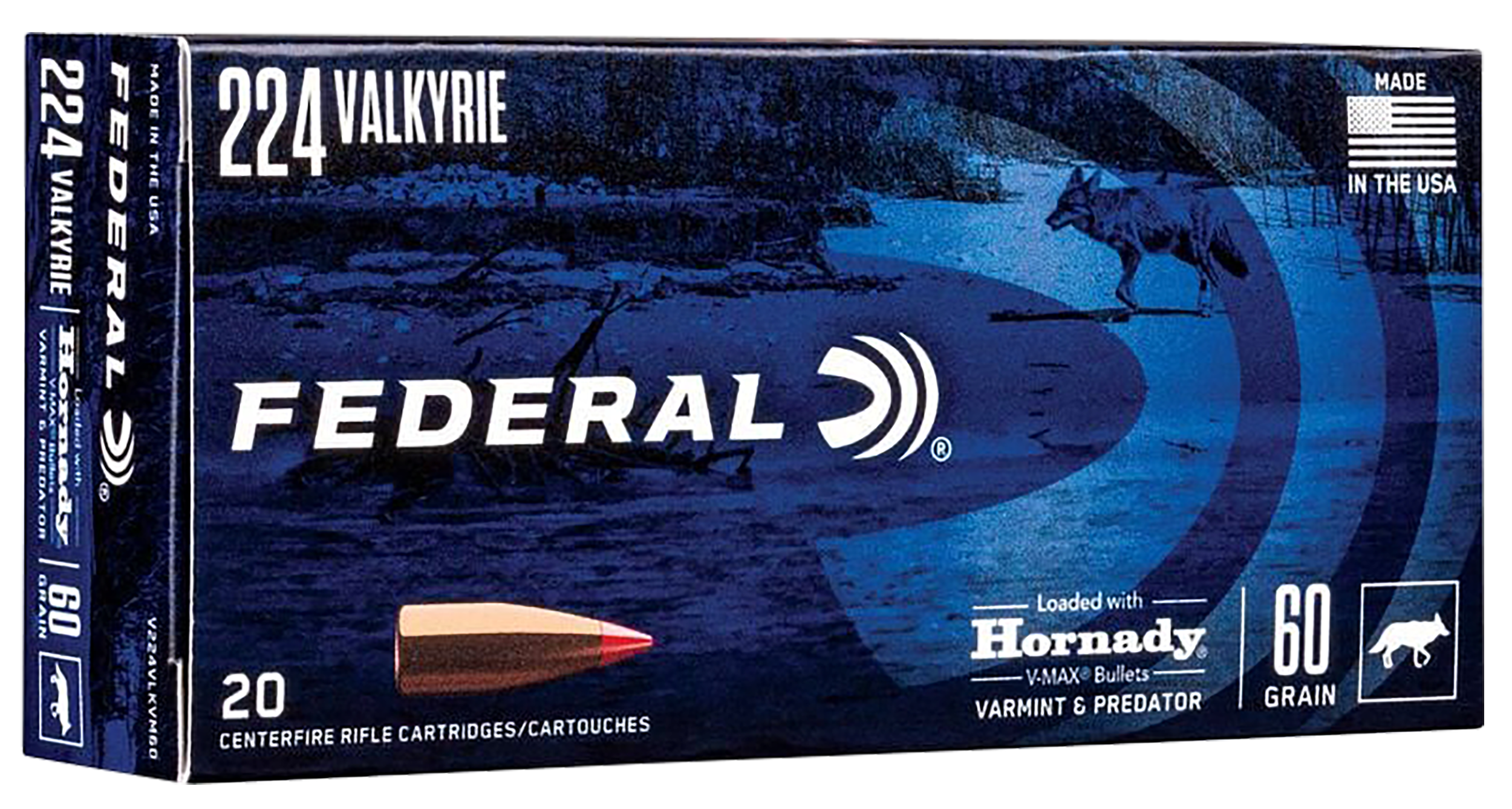 Federal Varmint & Predator Rifle Ammunition V224VLKVM60, 224 Valkyrie, Hornady V-Max (VMX), 60 gr, 3300 fps, 20 Rd/Bx