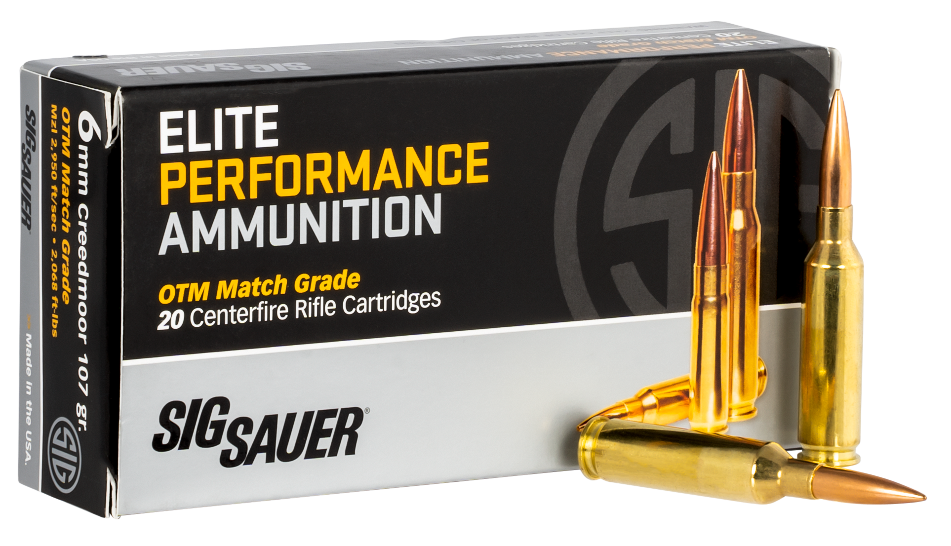 Sig Sauer Elite Match Grade Rifle Ammunition E6MMCM220, 6mm Creedmoor, Open Tip Match, 107 gr, 2950 fps, 20 Rd/Bx