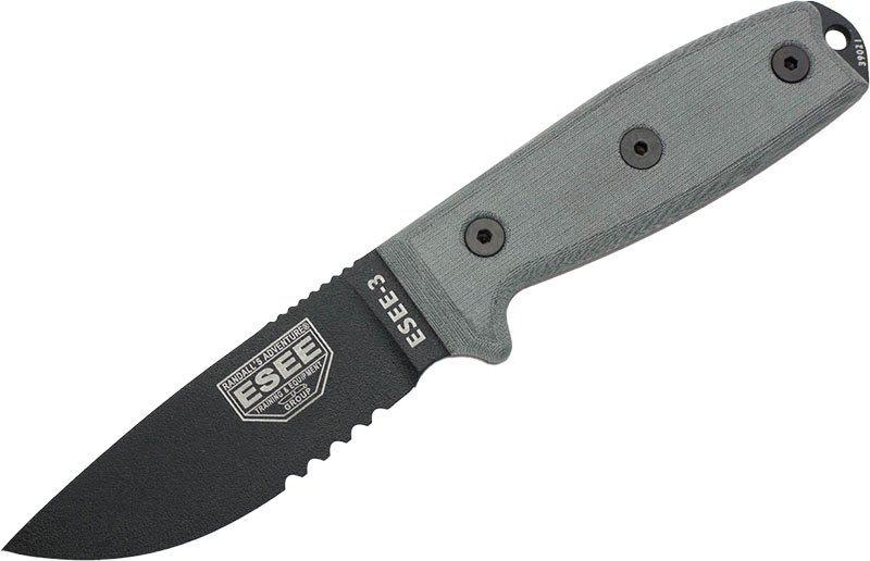 ESEE Knives ESEE-3 Fixed Blade Knife w/Black Blade, Serrated Edge, Modified Pommel (ESEE-3SM-B)