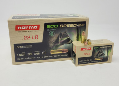 Norma Eco Speed 22 LR Ammunition NORMA22LRECOS 24 Grain Hyper Speed Lead Free Copper Plated Flat Nose BRICK 500 Rounds