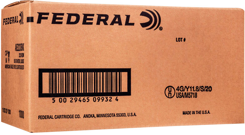 Federal American Eagle Rifle Ammunition AE223BKX, 223 Remington, Full Metal Jacket Boat Tail (FMJBT), 55 gr, 3240 fps, 1000 Rd/Bx