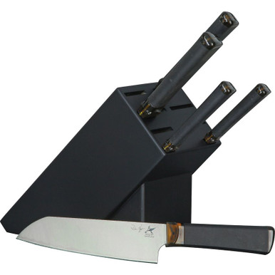 Ontario Agilite 6 Piece Kitchen Knife Set with Knife Block - Sandvik 14C28N Steel, Amber and Black Agilite Handle