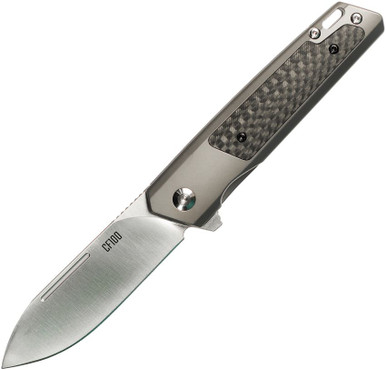 Ontario CF100 Flipper Knife 3.13" 14C28 Satin Spear Point Blade, Stainless Steel Handles w/ Carbon Fiber Inlay - 8600
