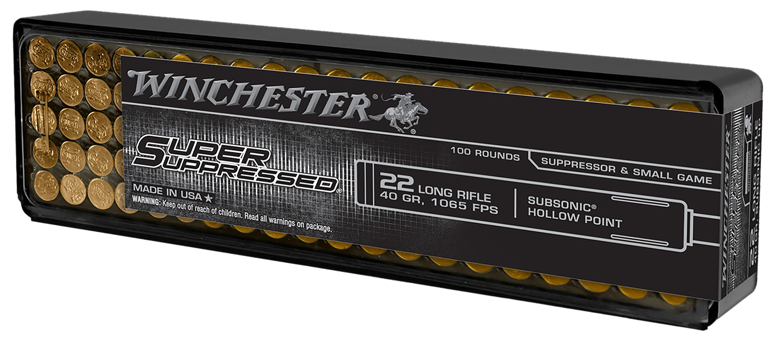 Winchester Super Suppressed Rimfire Ammunition SUP22LRHP, 22 LR, Lead Hollow Point, 40 gr, 1065 fps, 100 Rds/Bx