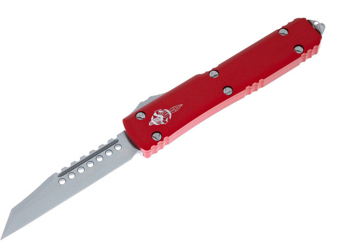 Microtech Signature Ultratech Warhound Auto OTF Knife, Stonewashed Wharncliffe Blade, Red Grip (119W-10RDS)