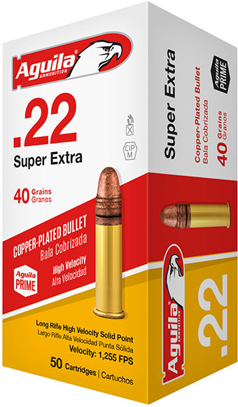 Aguila Super Extra Rimfire Ammunition 1B220328, 22 Long Rifle, Copper Plated Solid Point, 40 GR, 1255 fps, 50 Rd/bx
