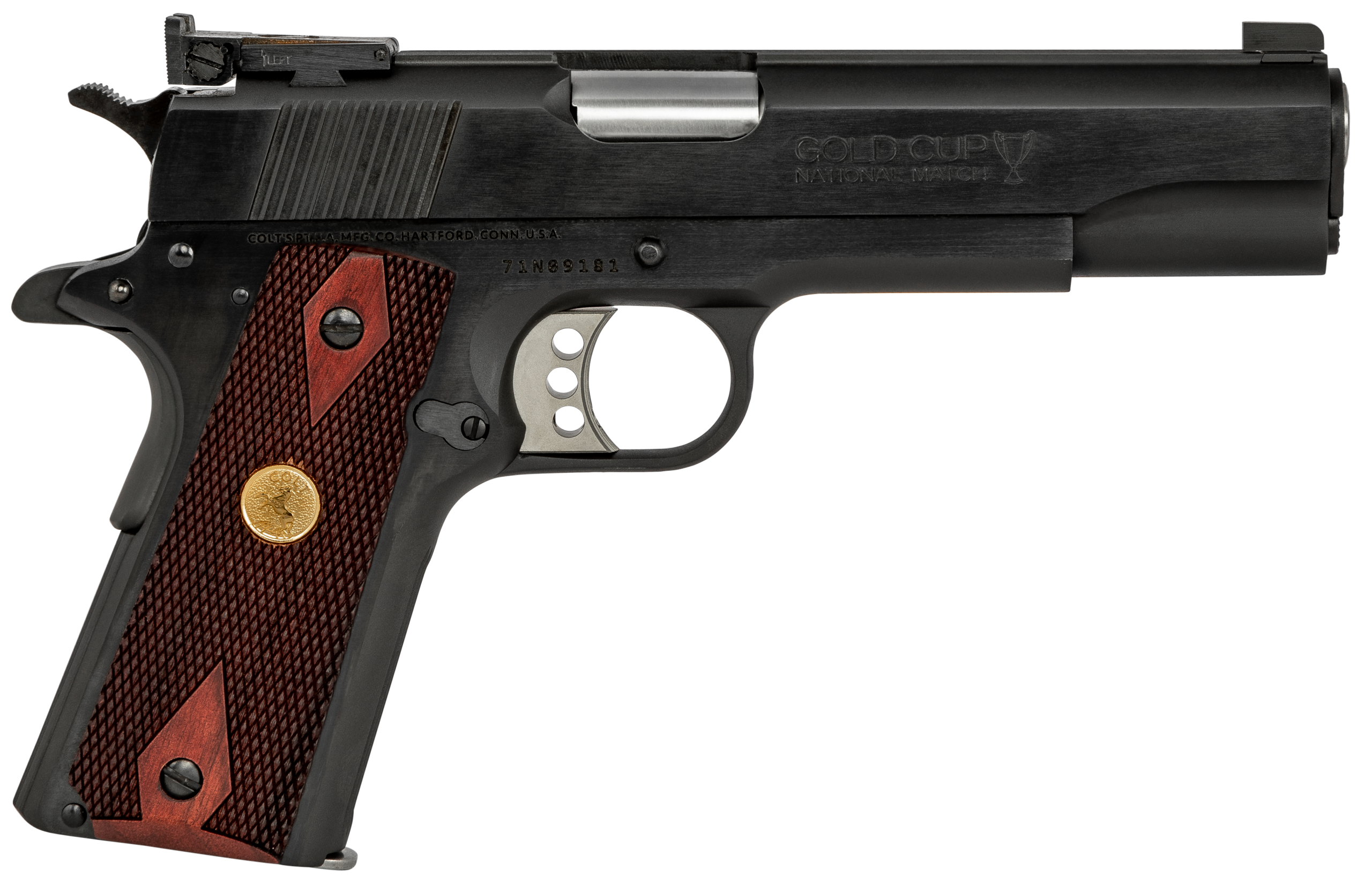 Colt 1911 Gold Cup SAO Pistol O5873A1, 38 Super, 5" National Match Barrel, Rosewood Grips, Blued Finish, 9 Rds