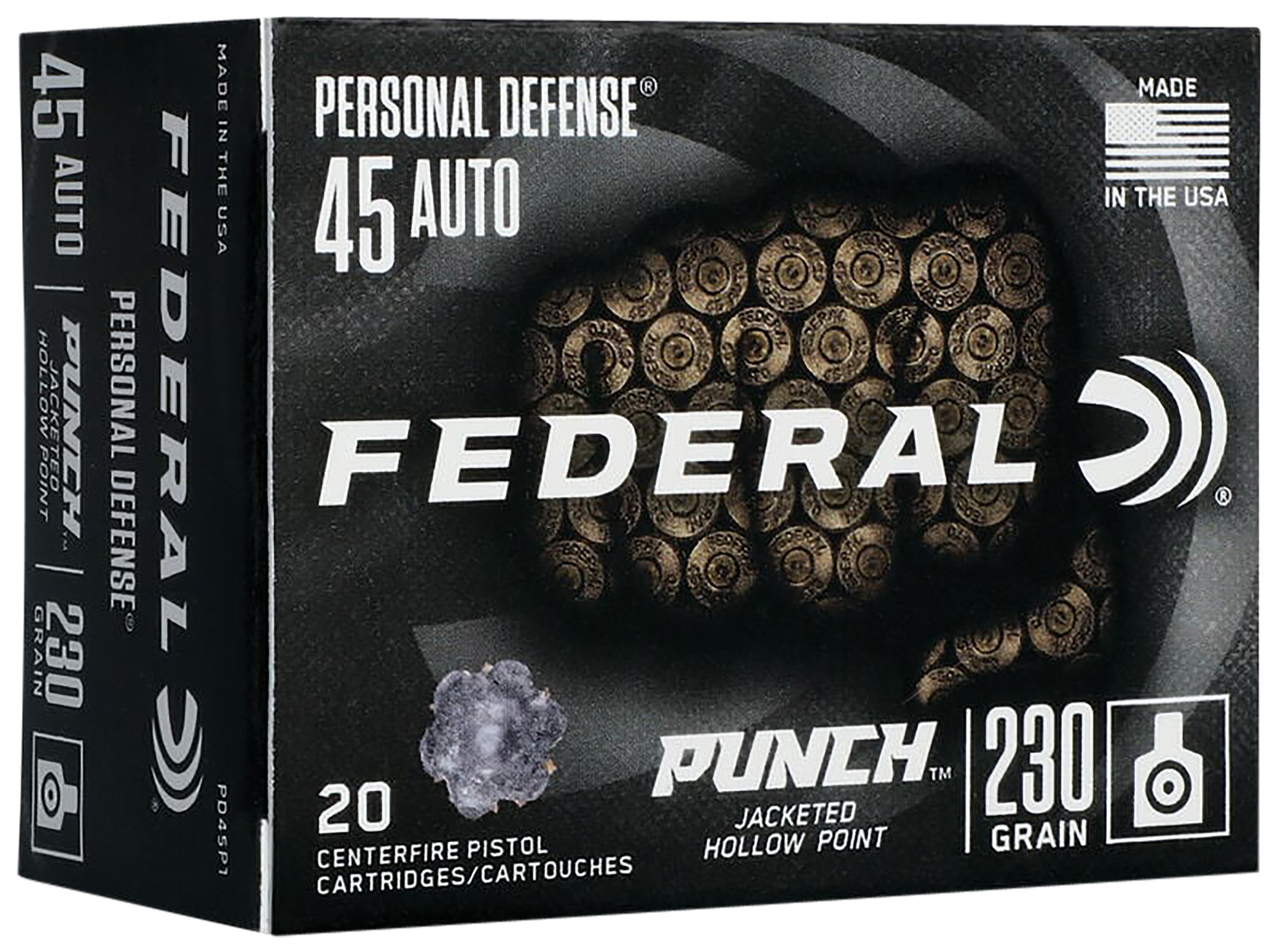 Federal Premium Punch Handgun Cartridge PD45P1, 45 ACP, JHP, 230 GR, 890 fps, 20 Rd/bx