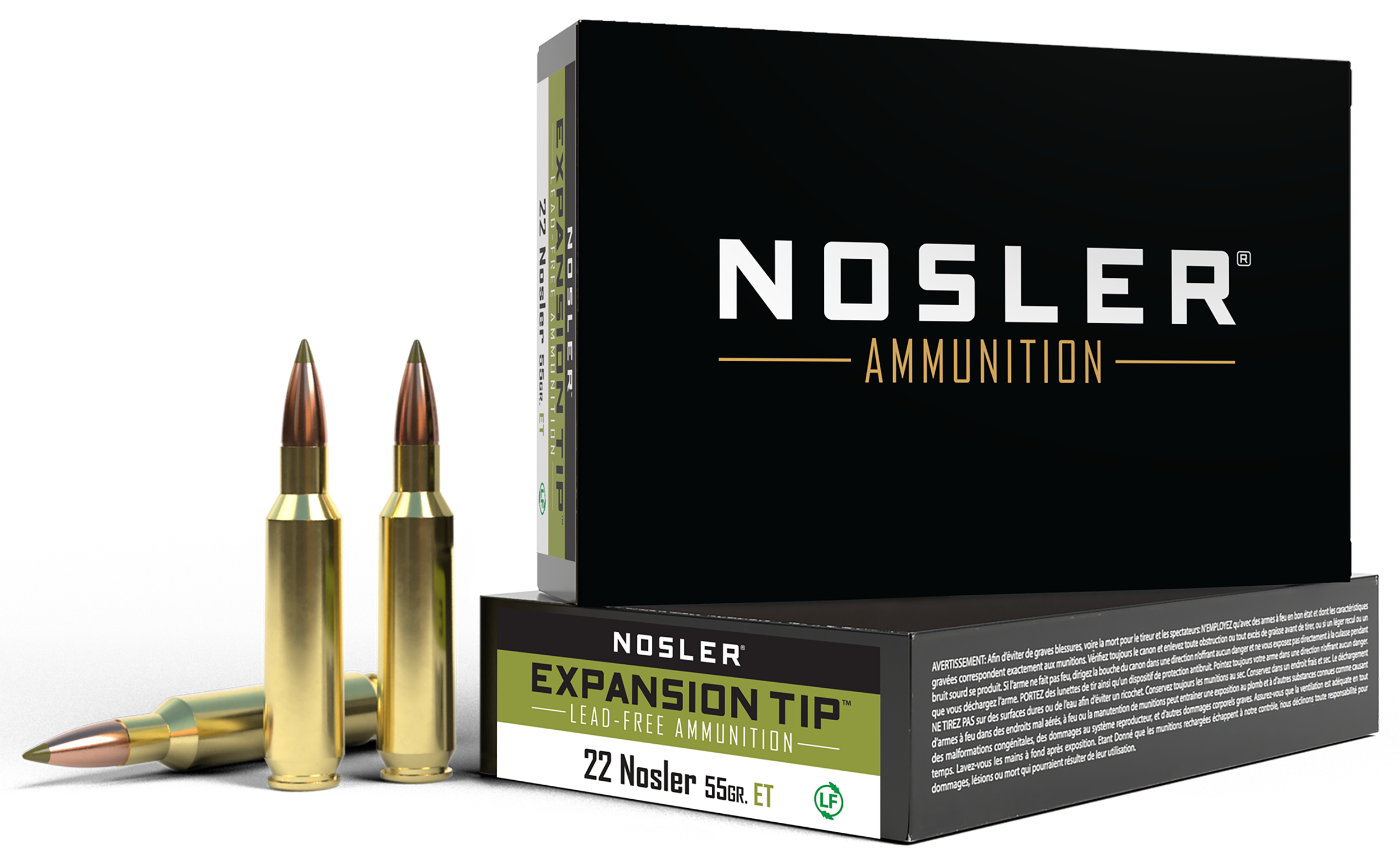 Nosler E-Tip Rifle Ammunition 40140, 22 Nosler, E-Tip Lead-Free, 55 gr, 3300 fps, 20 Rd/Bx