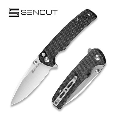 Sencut Knives Sachse Flipper Knife - 3.47" Satin Drop Point Blade, Black Canvas Micarta Handles - S21007-1