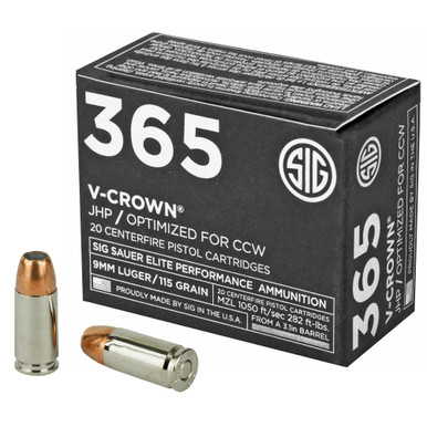 SIG Sauer 365 Elite V-Crown 9mm Ammunition 115 Grain Jacketed Hollow Point E9MMA1-365-20 - 20 Rounds per Box