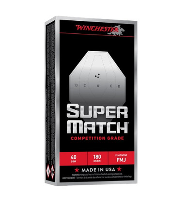 Winchester 40 S&W Ammunition Super Match SM40FN180 180 Grain Flat Nose Full Metal Jacket 50 Rounds