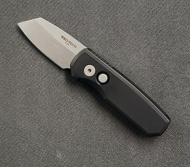 ProTech R5401 Runt 5 AUTO Folding Knife - 1.94" CPM-MagnaCut Stonewashed Reverse Tanto Blade, Black Aluminum Handles