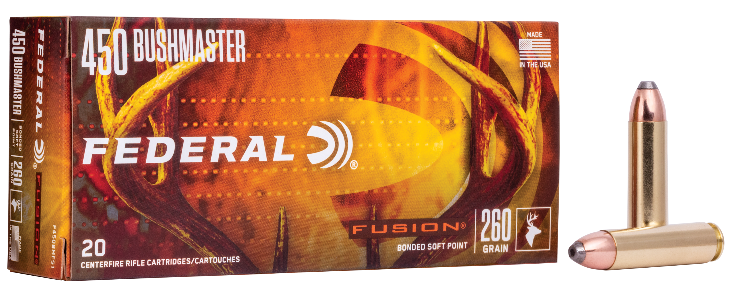 Federal Fusion Rifle Ammunition F450BMFS1, 450 Bushmaster, Fusion Soft Point, 260 gr, 1900 fps, 20 Rd/Bx