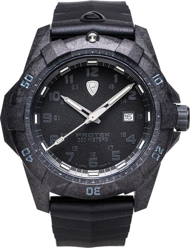 ProTek 1001 Dive Watch - 42mm Carbon Composite Case, 300M Water Resistance, T25 Tritum Tube Illumination, Black Rubber Strap