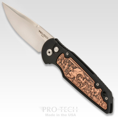 ProTech TR-3.53 Limited Edition Shaw Steampunk Copper AUTO Folding Knife - 3.375" 154CM Black DLC Blade, Black Aluminum Handles with Copper Steampunk Inlay