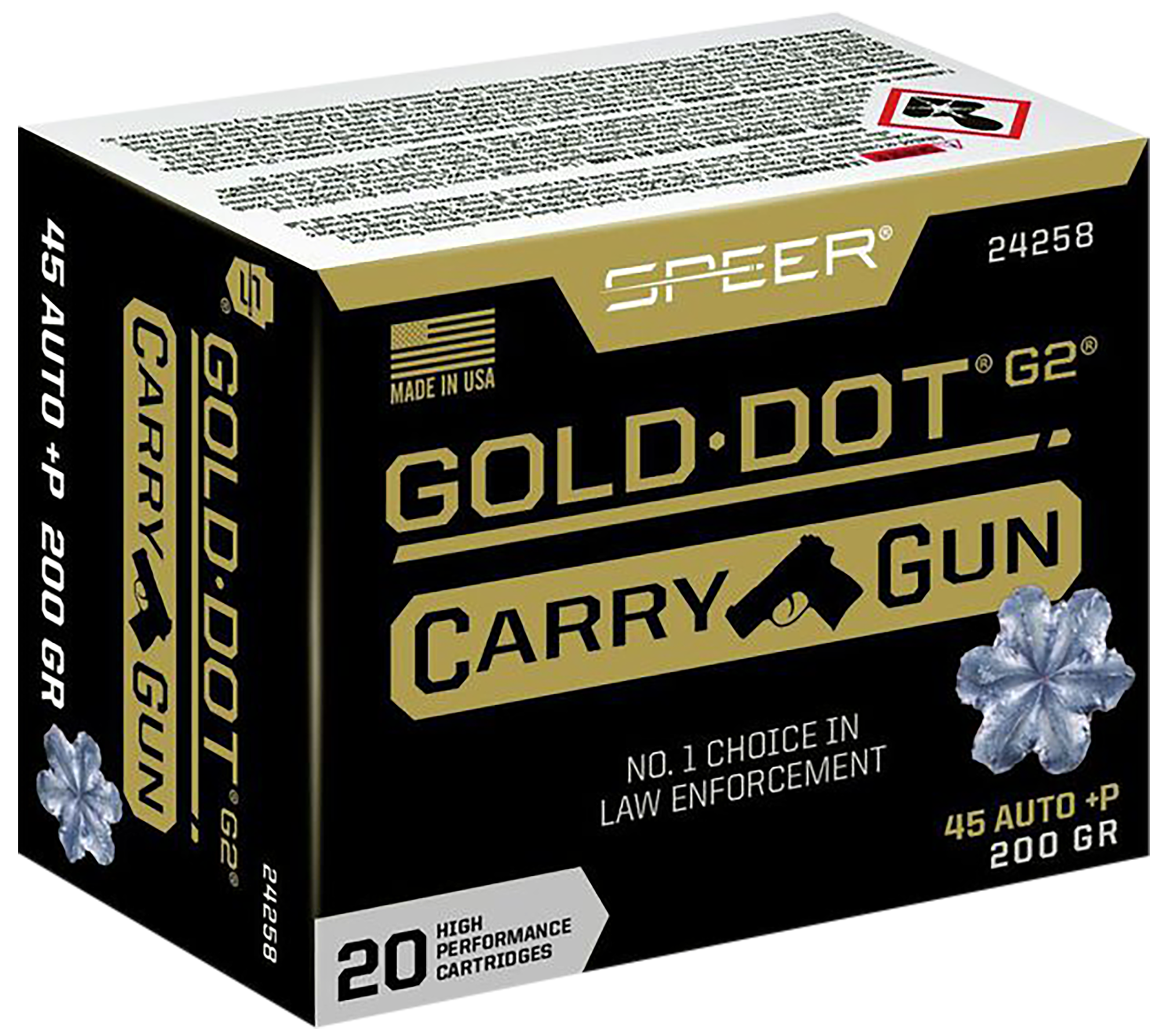 Speer Gold Dot Ammunition 24258, 45 ACP, Hollow Point (HP), 200 gr, 20 Rd/Bx