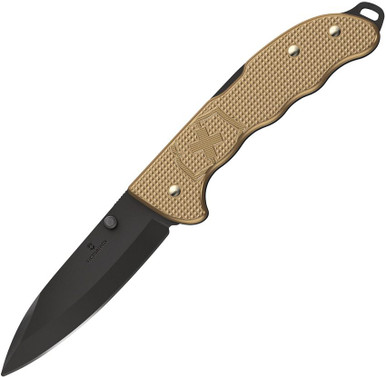 Victorinox Swiss Army Evoke Folding Knife - 3.875" Black Drop Point Blade, Beige Alox Handles with Clip - 0.9415.DS249