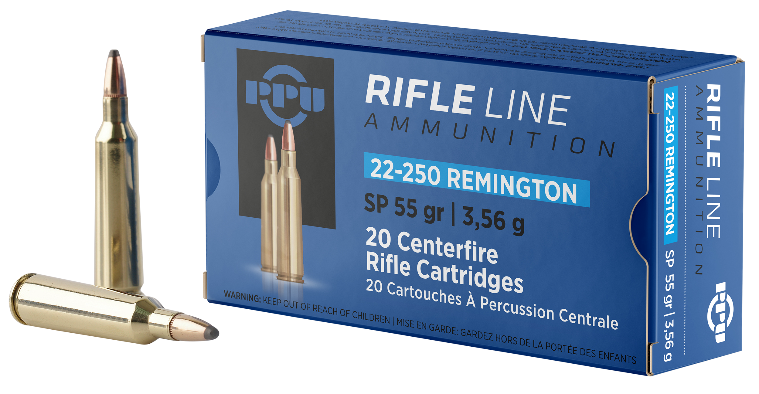 PPU Standard Big Game Rifle Ammunition PP22250, 22-250 Remington, Soft Point (SP), 55 GR, 3680 fps, 20 Rd/bx