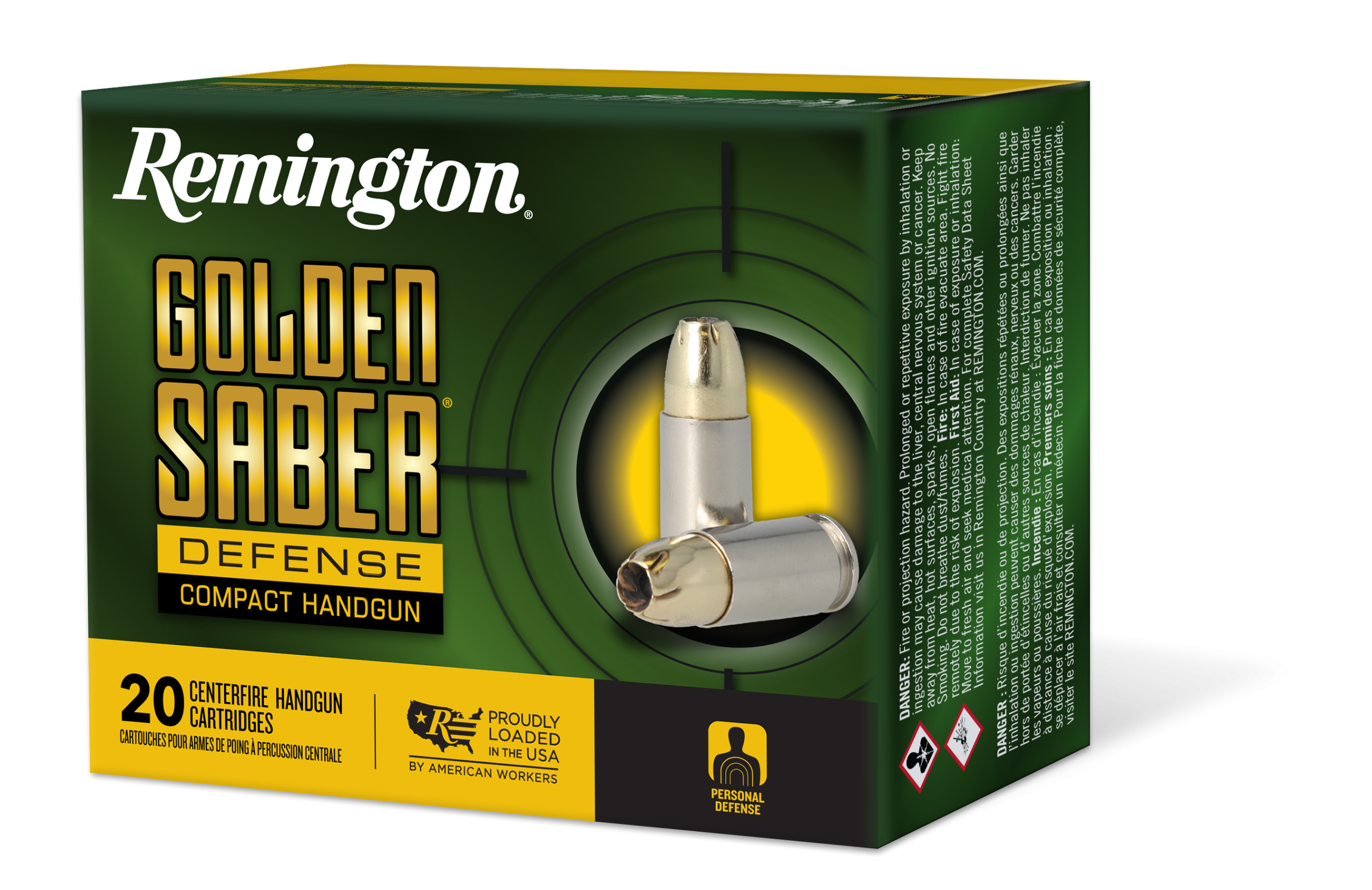 Remington Golden Saber Defense Compact Pistol Ammunition 27613, 9mm, Brass JHP, 124 GR, 1020 fps, 20 Rd/Bx