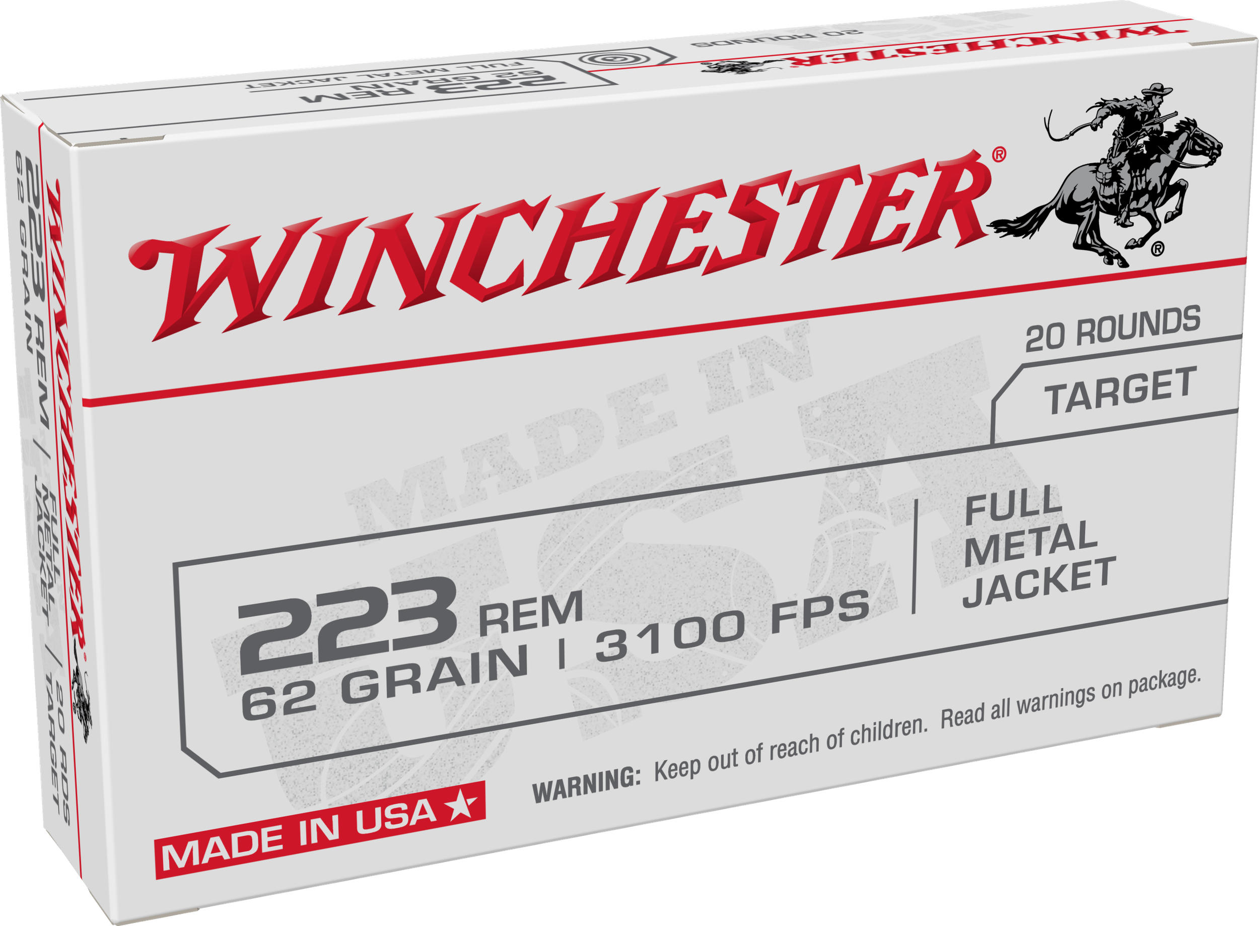 Winchester Rifle Ammunition W223FMJ62, 223 Remington, Full Metal Jacket (FMJ), 62 GR, 3100 fps, 20 Rd/bx