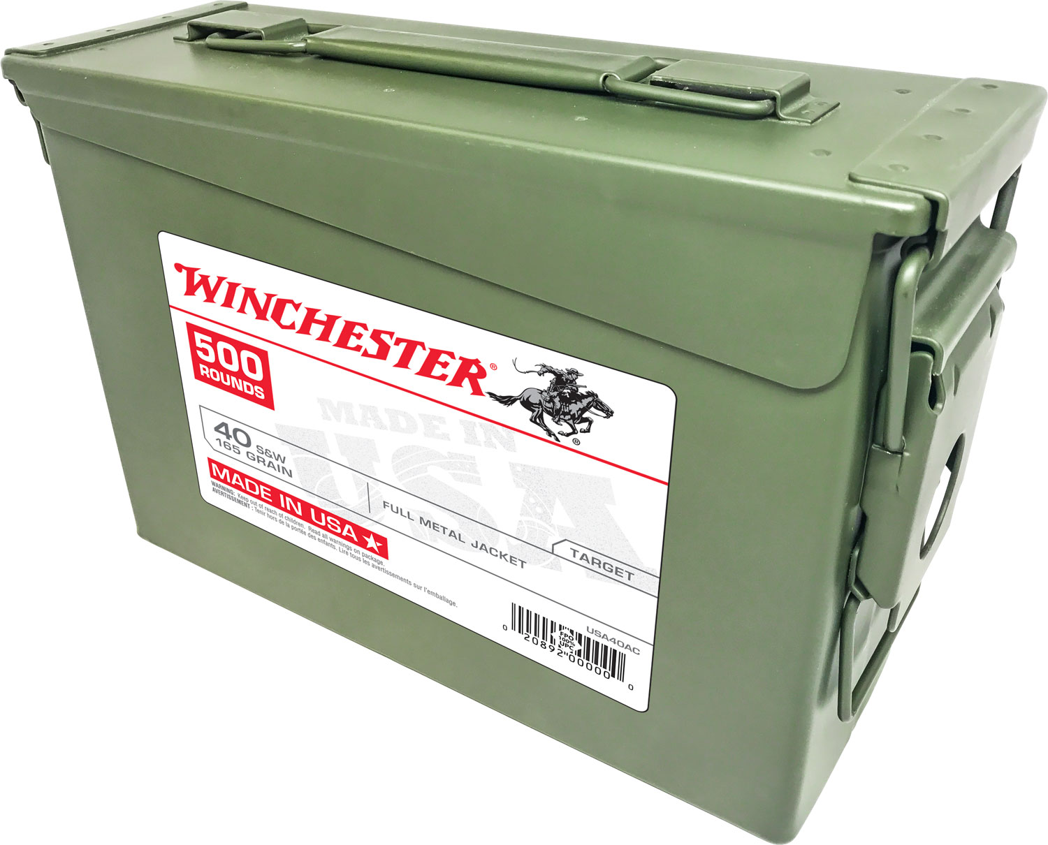 Winchester USA Pistol Ammunition USA40AC, 40 S&W, FMJ, 165 gr, 1060 fps, 500 Rd/Bx