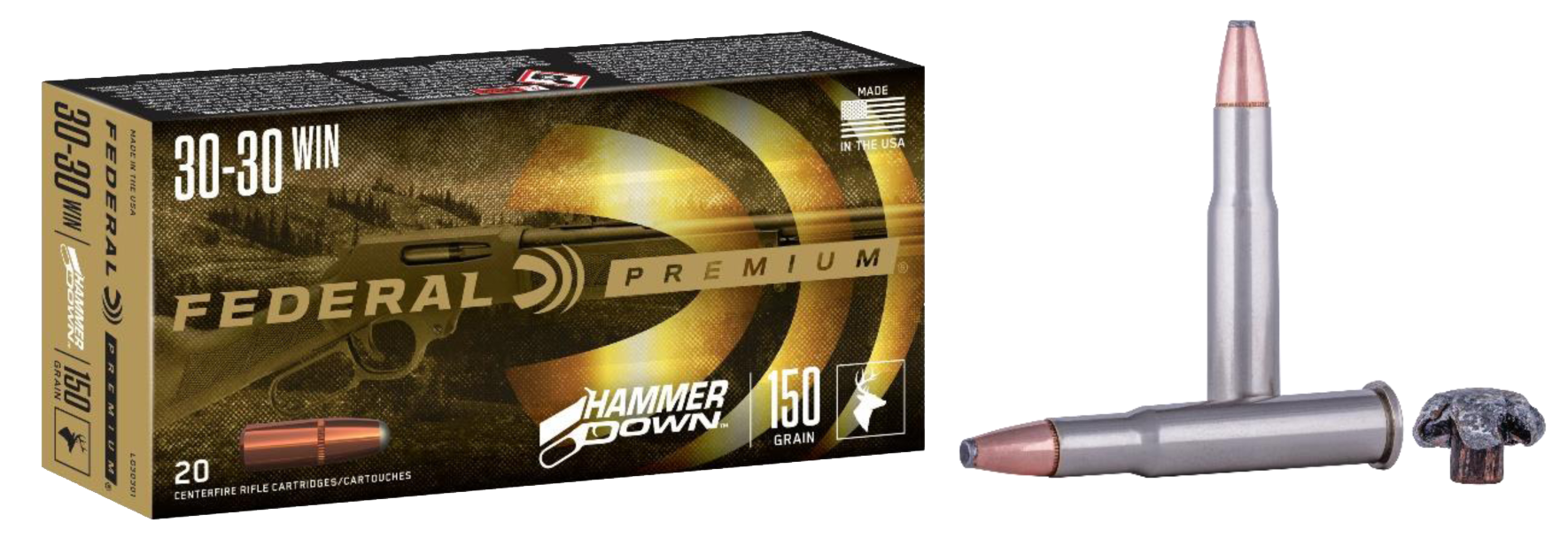 Federal Premium Hammer Down Rifle Ammunition LG30301, 30-30 Winchester, Bonded Soft Point, 150 GR, 2390 fps, 20 Rd/bx