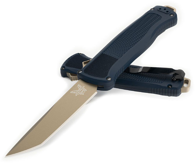 Benchmade Shootout Out The Front Knife w/ Plain Edge FDE Tanto Blade, Crater Blue Grivory Handle (5370FE-01)