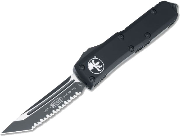 Microtech UTX-85 Out-The-Front Automatic Knife, Fully Serrated Tanto Edge, Black Tactical (233-3T)