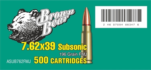 Bear Ammo 7.62x39mm 196 Grain Subsonic 500 Round Case ASUB762FMJ-500