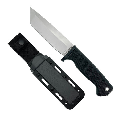 Demko Knives FreeReign Fixed Blade Knife - 5" AUS-10A Satin Tanto, Black Injection Molded Rubber Handle, Molded Plastic Sheath
