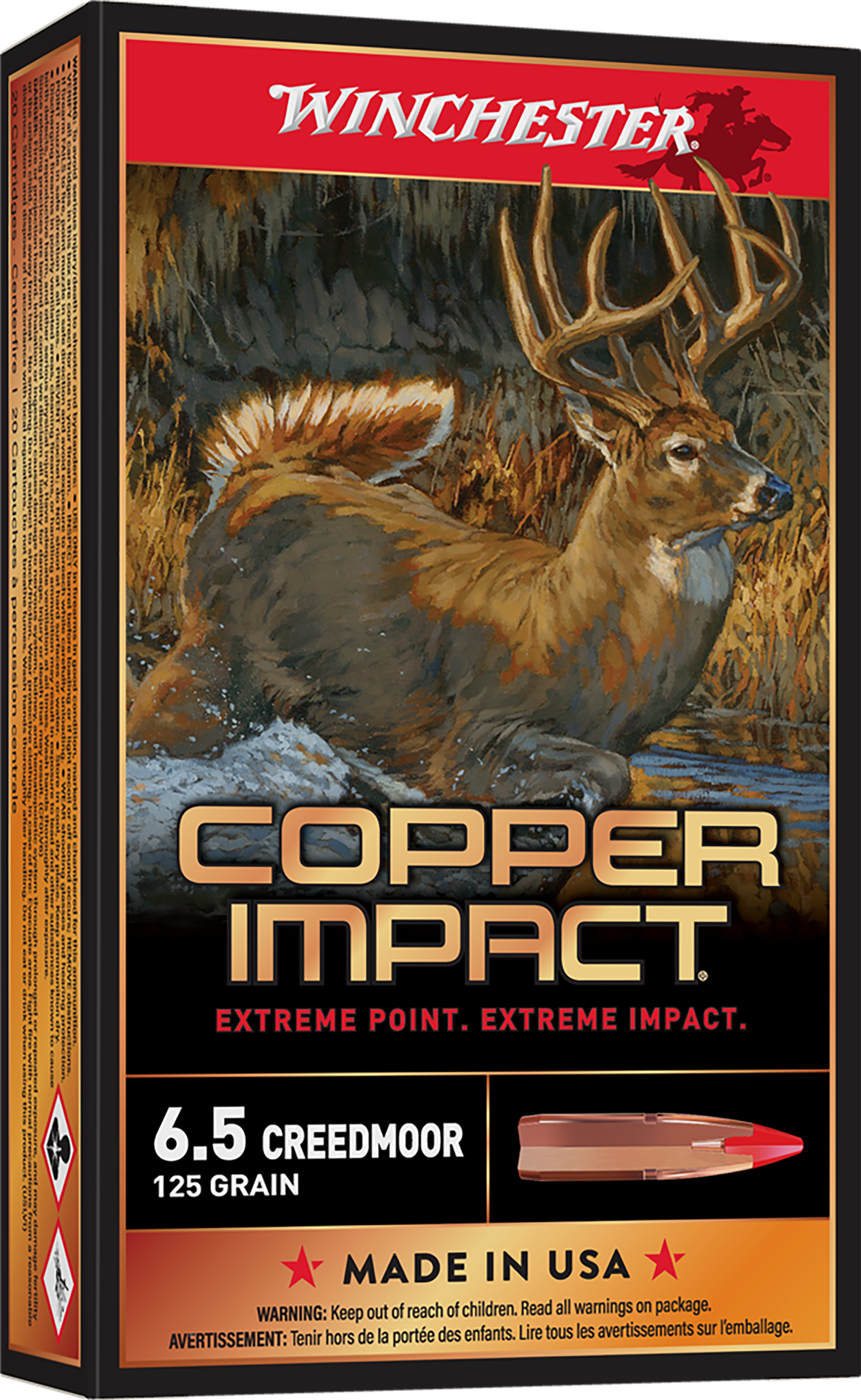 Winchester Deer Season XP Copper Rifle Ammunition X65DSLF, 6.5 Creedmoor, Copper Extreme Point, 125 GR, 2850 fps, 20 Rd/Bx