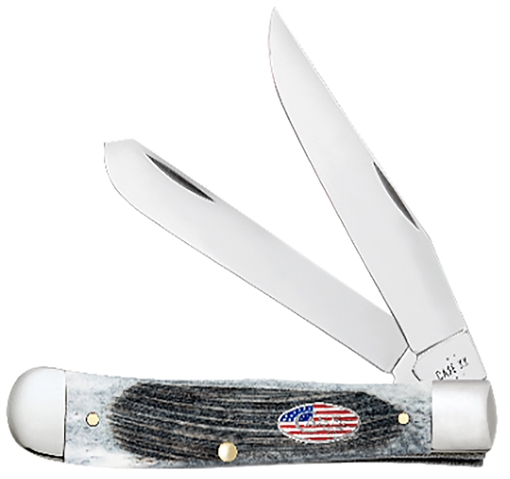Case Sod Buster Stars & Stripes 3.70" Folding Skinner Plain Mirror Polished Tru-Sharp SS Blade, Sawcut Jig Gray Bone Handle, American Flag Shield 53062