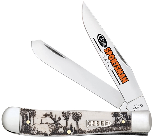 Case Trapper Sportsman Folding Clip Point/Spey Plain Mirror Polished Tru-Sharp SS Blade/Elk Embellished Natural Bone Handle 81222