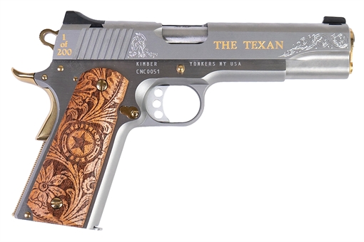 Cnc Firearms Kimber 1911 Texan 45 ACP 7+1 5" Stainless Steel Barrel, Stainless Engraved "The Texan"/Serrated Steel Slide, Stainless Steel Frame, Texas Mesquite Grip CNCTEX1911