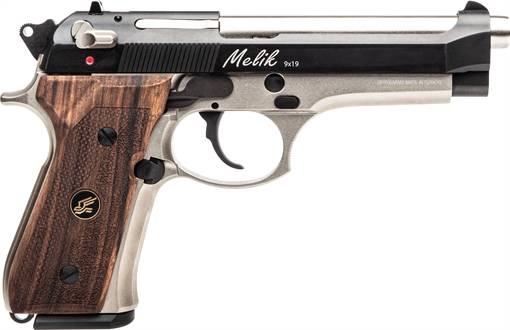 Derya Firearms Melik 9mm Luger 15+1 4.90" Black Melonite Steel Barrel, Black Melonite Serrated Steel Slide, Silver Anodized Aluminum Frame, Dark Walnut Grip 15LTTMELIK9TR