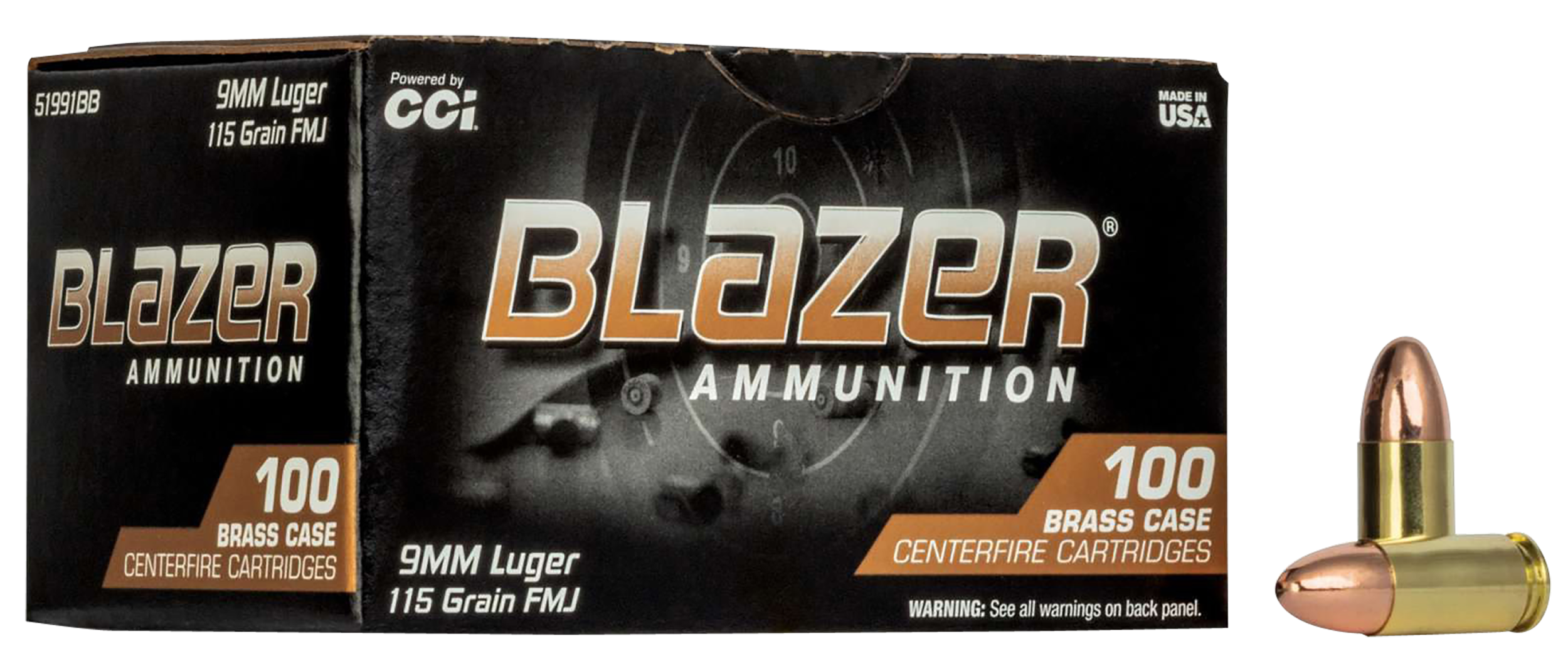 CCI Blazer Brass Pistol Ammunition 51991BB, 9mm Luger, Full Metal Jacket (FMJ), 115 gr, 1145 fps, 100 Rd/Bx