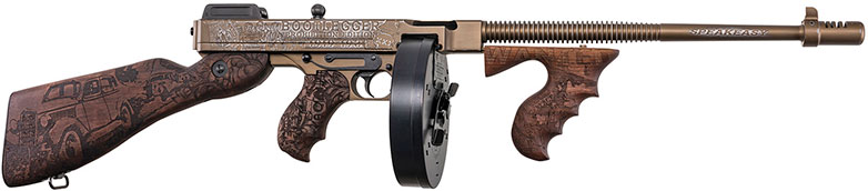 Thompson 1927A1 Deluxe Bootlegger Carbine Rifle T1, 45 ACP, 16.5 in, Engraved Walnut Stock, Distressed Burnt Bronze Finish, 30 Rds