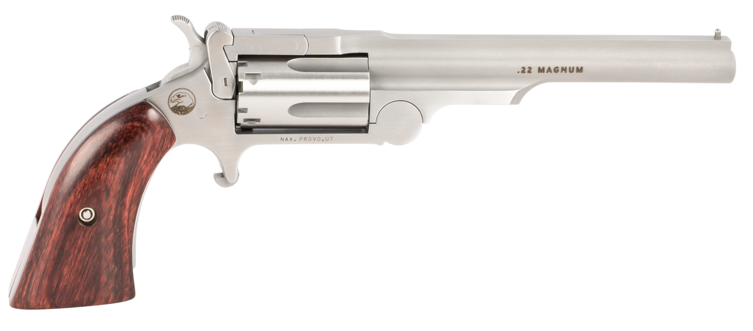 North American Ranger II Revolver 22MCR4, 22 LR/Mag, 4", Rosewood Boot Grip, Stainless Finish, 5 Rd